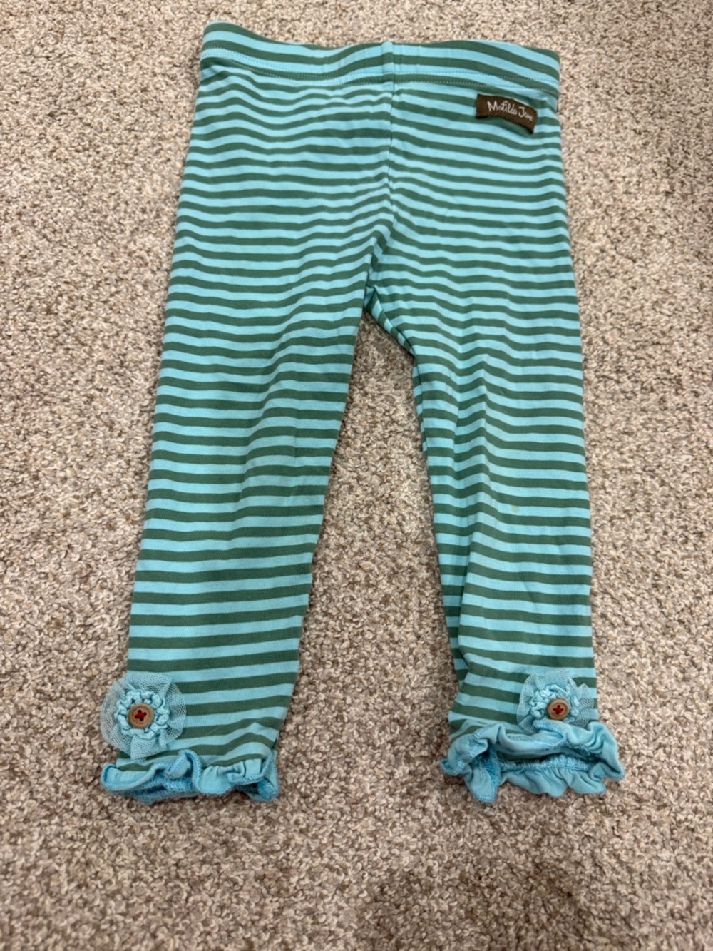Matilda Jane Aqua and Seafoam Striped Ruffle Hem Leggings